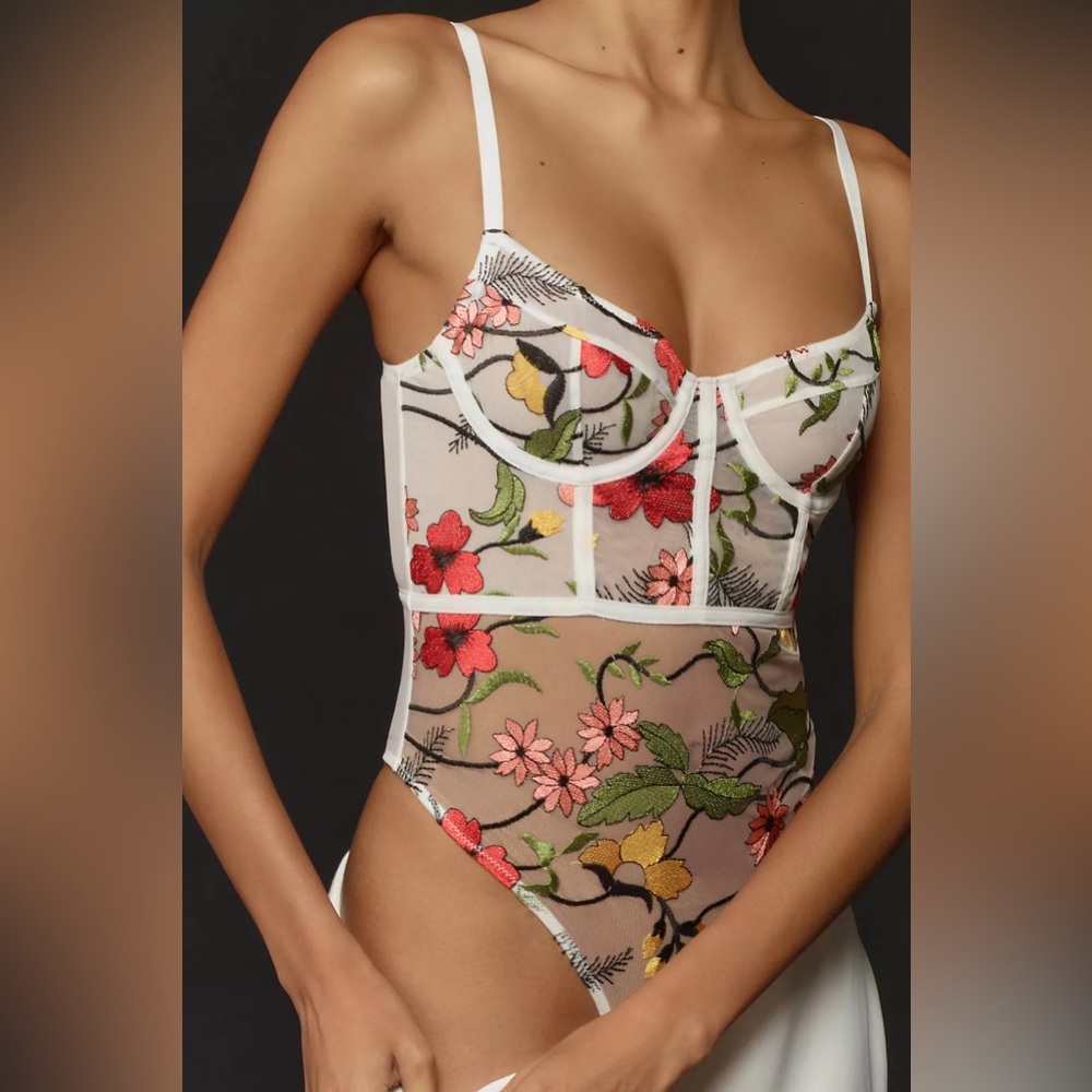 By Anthropologie Floral Mesh Bodysuit